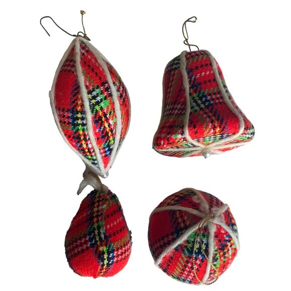Vintage Red Plaid Fabric Christmas Ornaments Set Of 4 Bell Ball Large - Picture 1 of 8